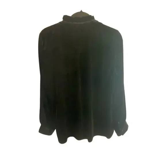 Talbots Black Velvet Long-Sleeve Blouse Ruffled Mandarin Collar Sz L Holiday - Picture 15 of 16